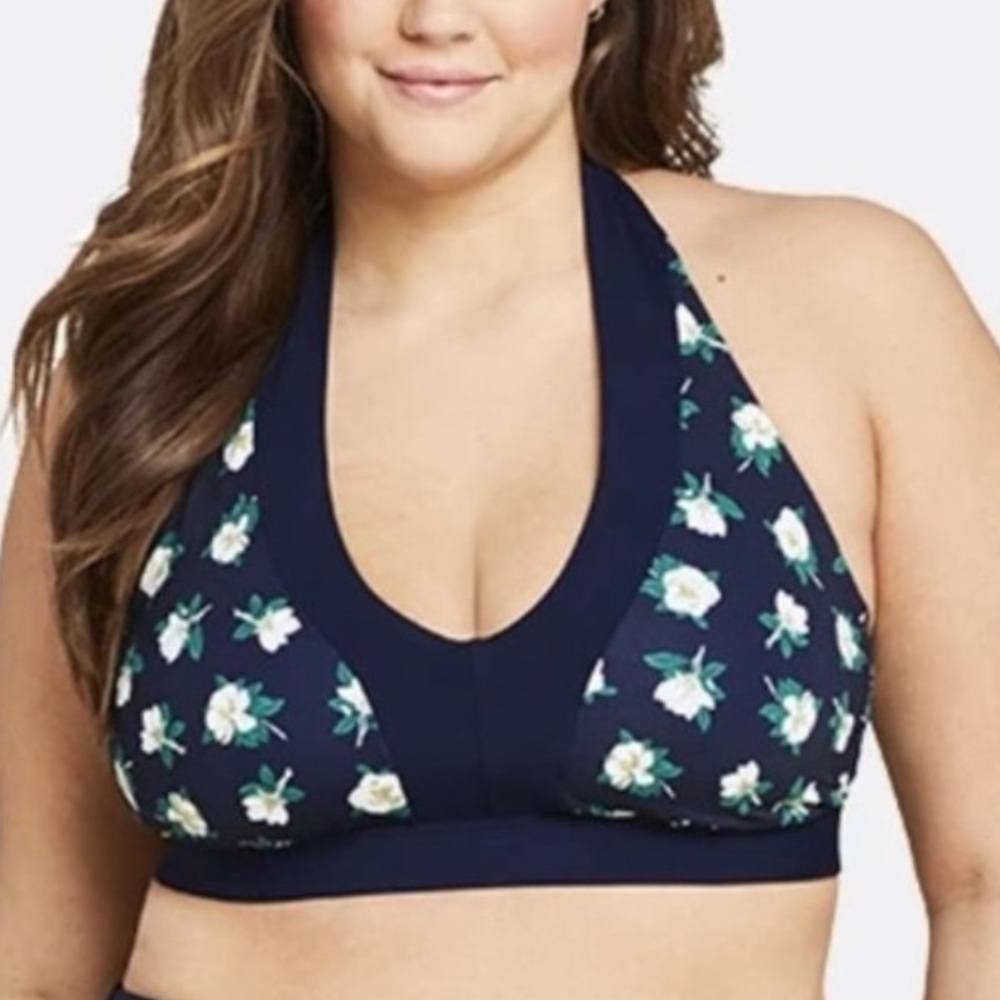 Draper James x Lands’ End Navy Floral V Neck Halter Bikini Top Size 18W NWOT